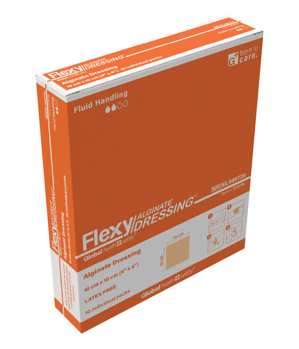 Flexy Alginate Dressing — packaging box, angled view