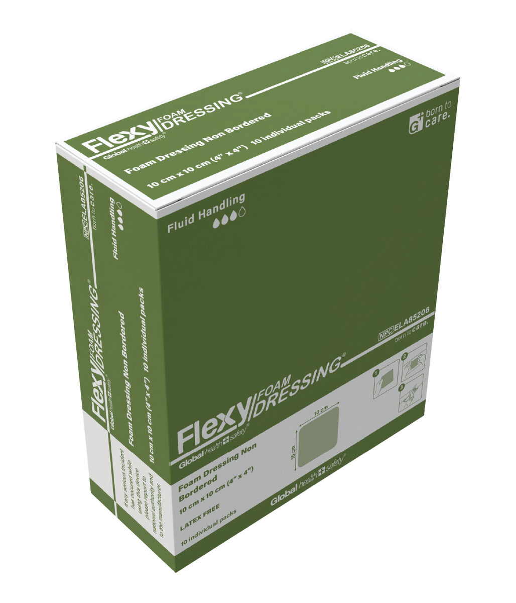 Flexy Foam Dressing — packaging box, angled view