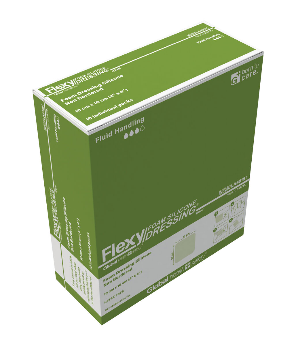 Flexy Silicone Foam Dressing — packaging box, angled view