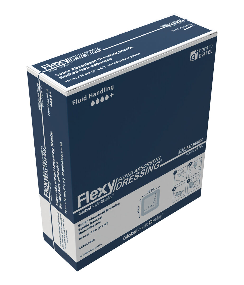 Flexy Super Absorbent Dressing — packaging box, angled view